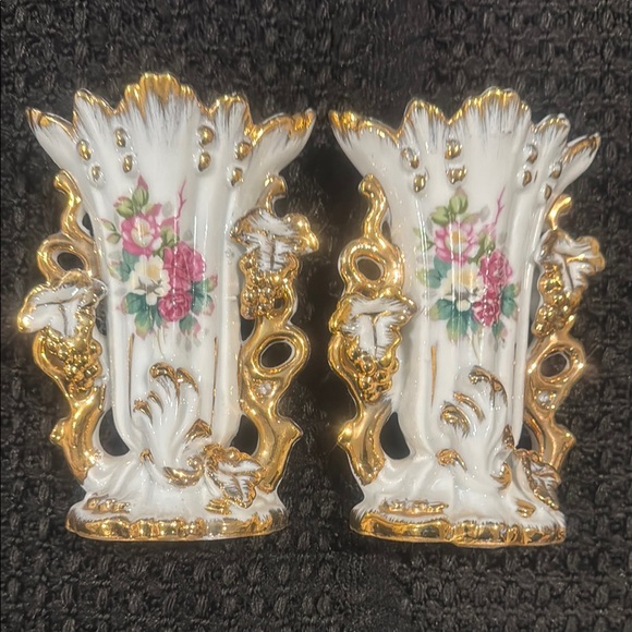 Vintage Victorian Style White Porcelain Vases with Gold Trim